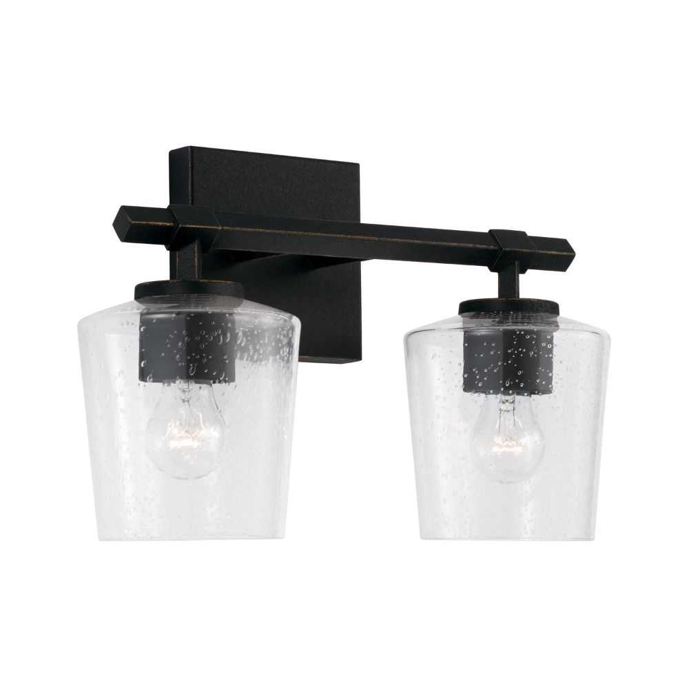 Capital Lighting 145221IH-526 14" W x 9.5" H 2-Light Vanity in Brushed Black Iron with Clear Seeded Glass