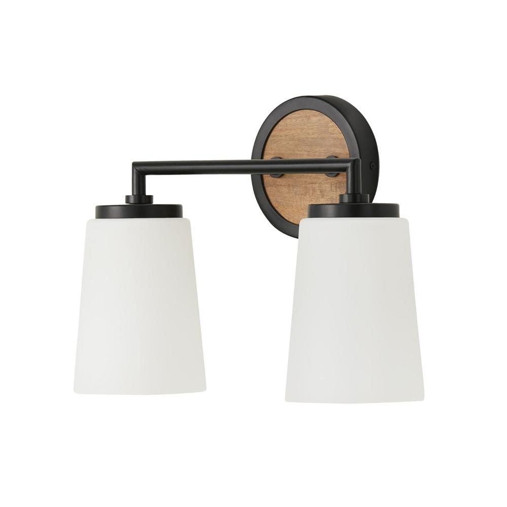 Capital Lighting 150821WK-546 14"W x 10.25"H 2-Light Vanity in Matte Black and Mango Wood with Soft White Glass