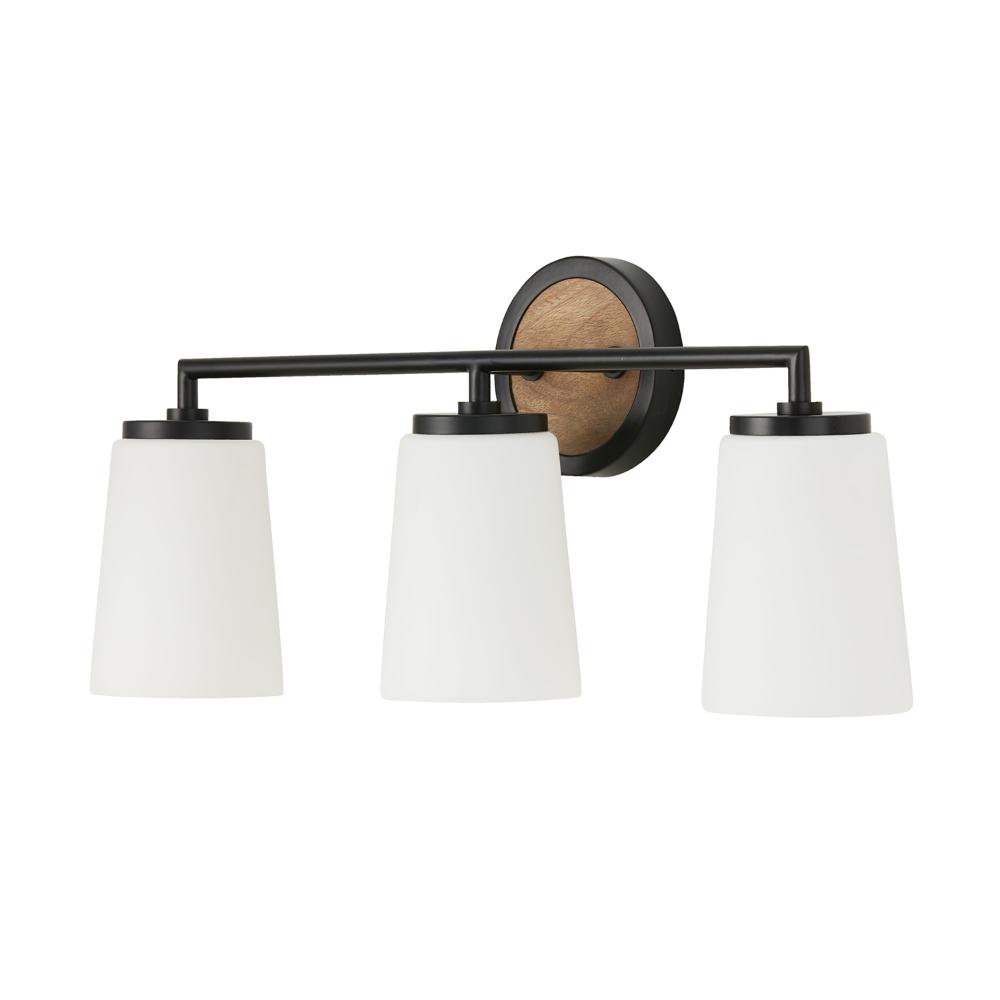 Capital Lighting 150831WK-546 23.50"W x 10.25"H 3-Light Vanity in Matte Black and Mango Wood with Soft White Glass