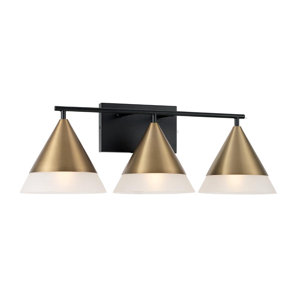 Capital Lighting 151931AB 26"W x 9"H 3-Light Cone Vanity in Black with Aged Brass and Frosted Glass Shades