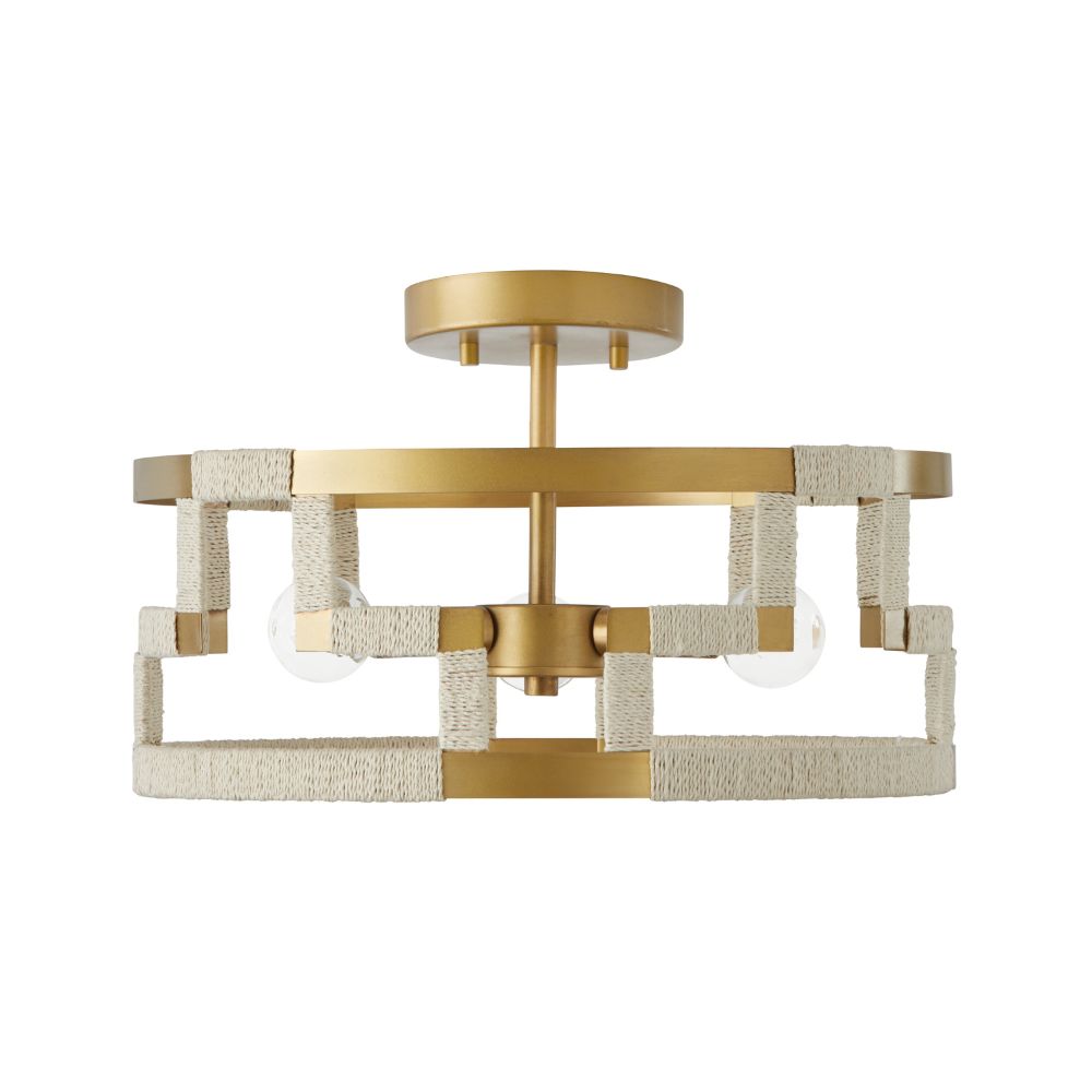 Capital Lighting 241031NL 3 Light Semi-Flush in Bleached Natural Jute and Patinaed Brass