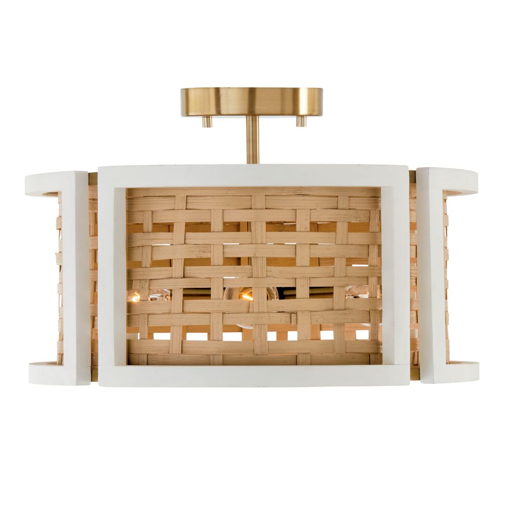 Capital Lighting 244341WM 16" W x 11" H 4-Light Semi-Flush or Pendant in Flat White and Matte Brass made with Handcrafted Mango Wood and Rattan