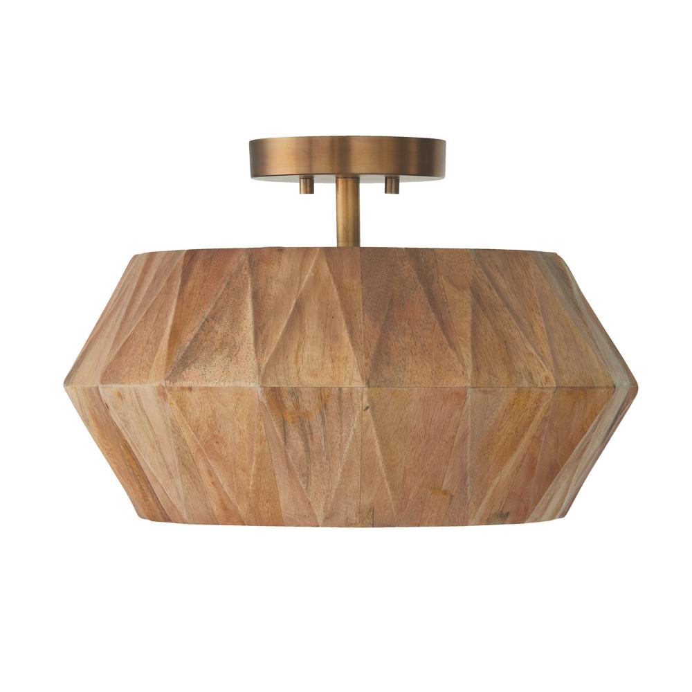 Capital Lighting 251011LW 15"W x 10.75"H 1-Light Convertible Semi-Flush Pendant in Hand-distressed Patinaed Brass and Handcrafted Mango Wood