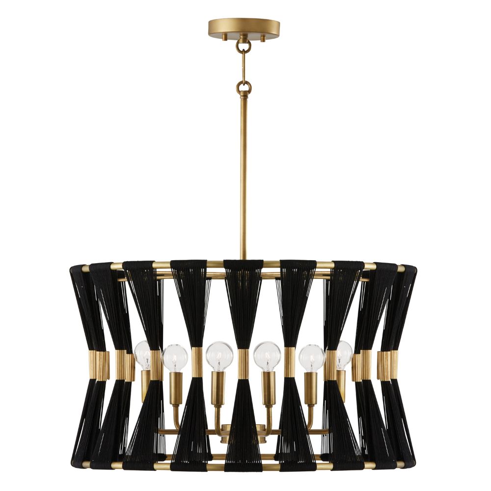 Capital Lighting 341161KP 6 Light Pendant in Black Rope and Patinaed Brass