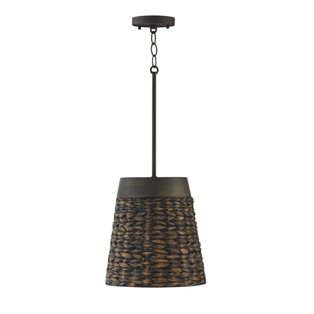 Capital Lighting 343911CW 12" W x 12" H 1-Light Small Pendant in Black Charcoal Wash made with Handcrafted Mango Wood and Water Hyacinth 
