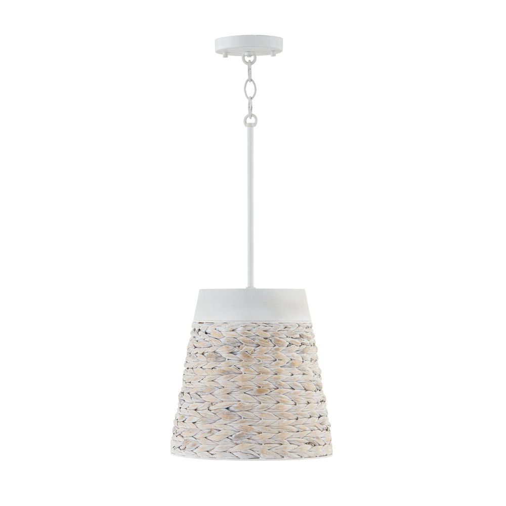 Capital Lighting 343911HW 12" W x 12" H 1-Light Small Pendant in White Chalk Wash made with Handcrafted Mango Wood and Water Hyacinth 