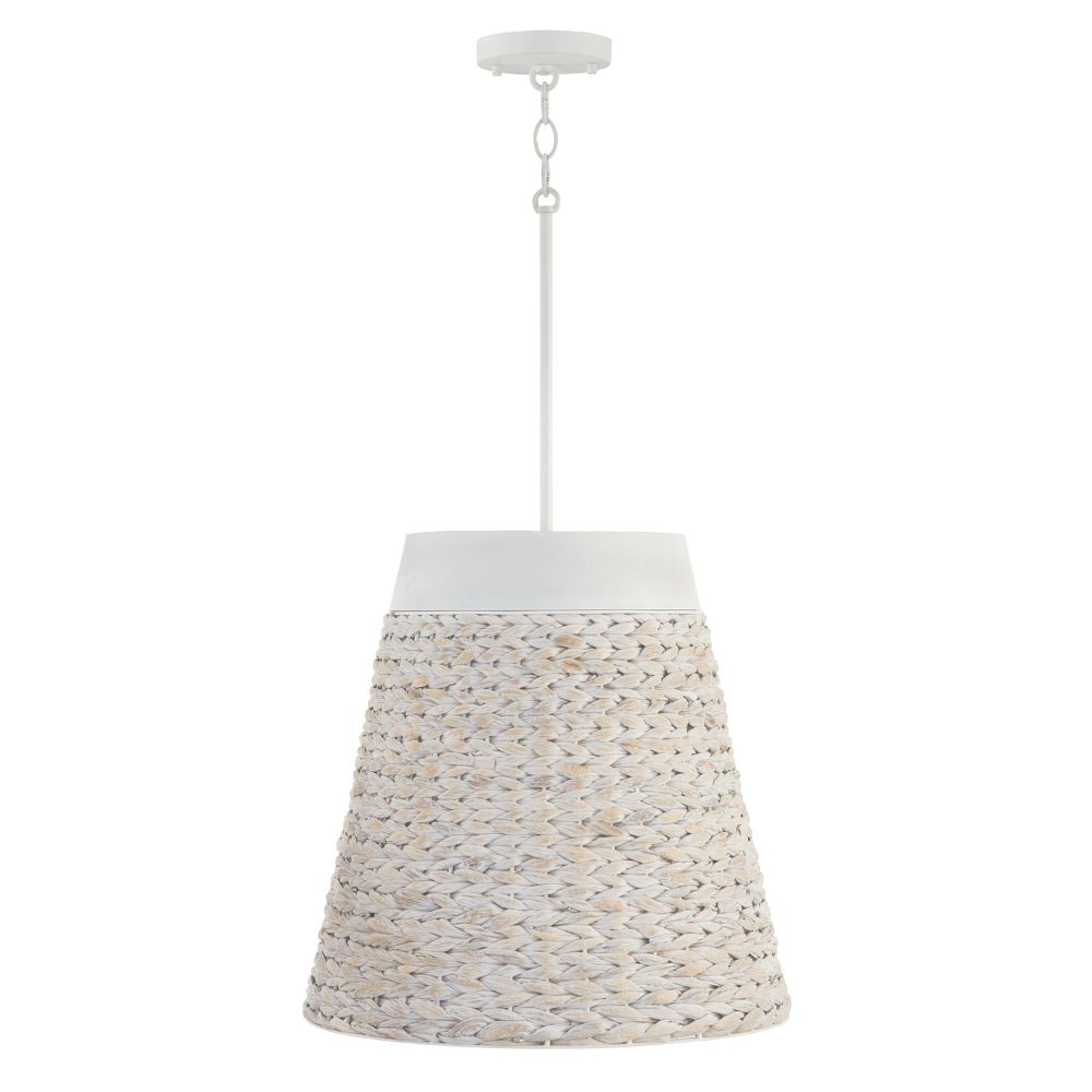 Capital Lighting 343941HW 18" W x 18" H 4-Light Medium Pendant in White Chalk Wash made with Handcrafted Mango Wood and Water Hyacinth 