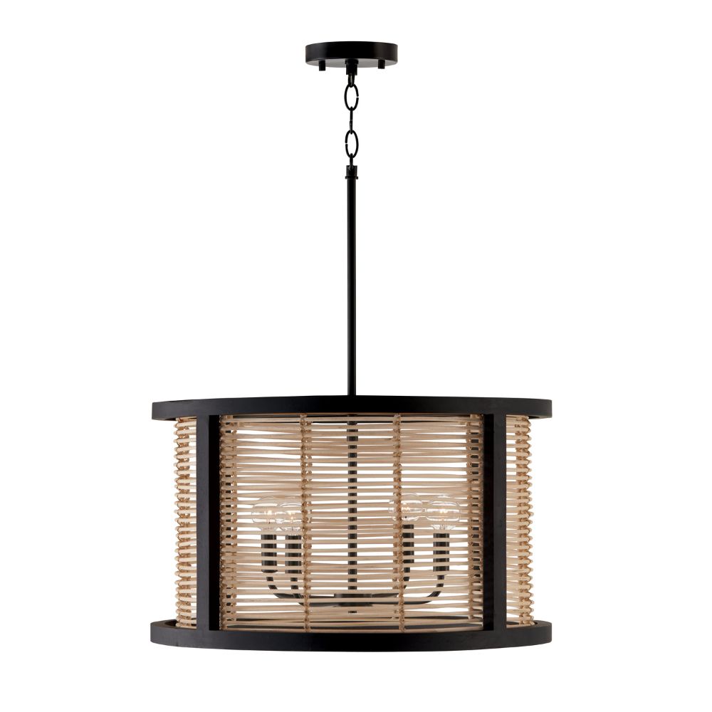 Capital Lighting 344061FK 22" W x 13" H 4-Light Pendant in Flat Black made with Handcrafted Mango Wood and Rattan