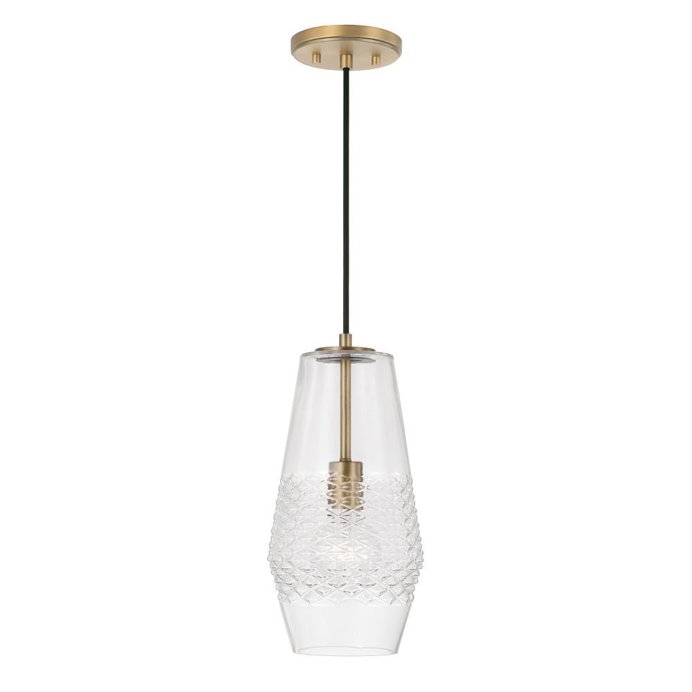 Capital Lighting 345011AD 7" W x 14" H 1-Light Pendant in Aged Brass with Diamond Embossed Glass and Black Braided Cord