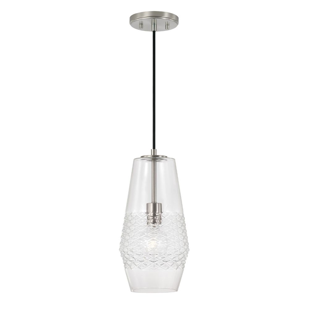 Capital Lighting 345011BN 7" W x 14" H 1-Light Pendant in Brushed Nickel with Diamond Embossed Glass and Black Braided Cord