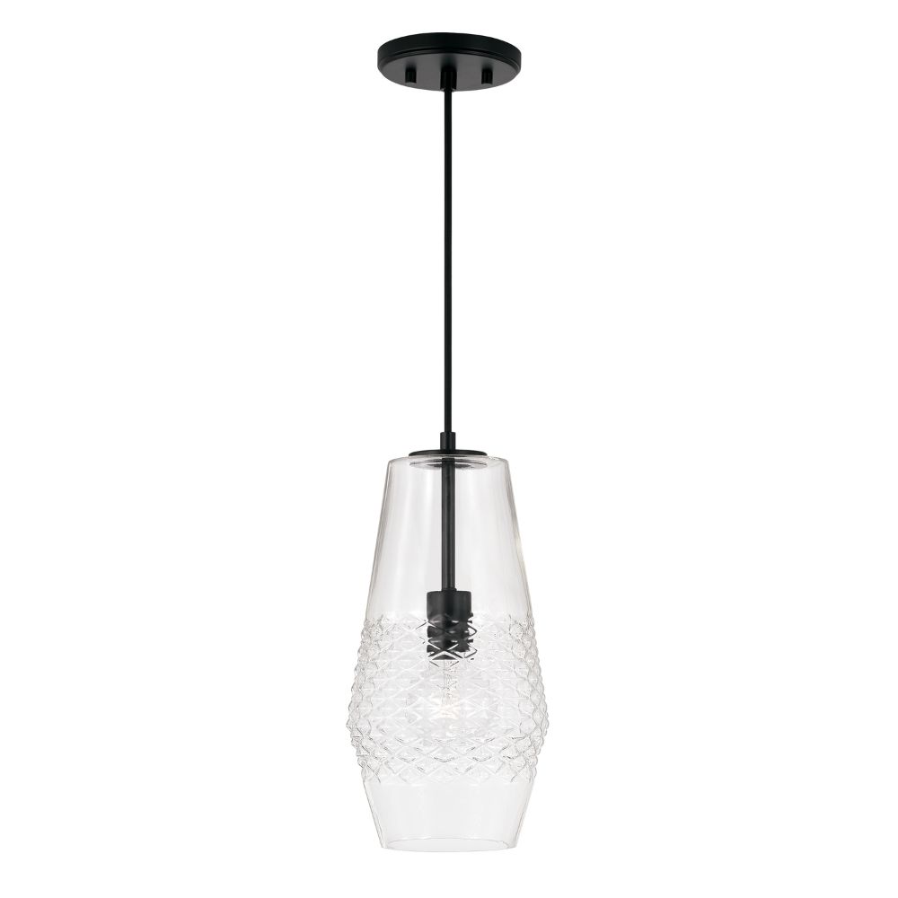Capital Lighting 345011MB 7" W x 14" H 1-Light Pendant in Matte Black with Diamond Embossed Glass and Black Braided Cord