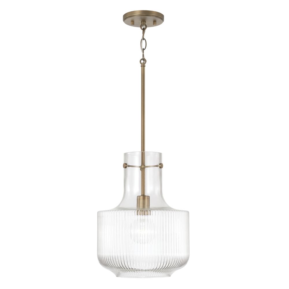 Capital Lighting 345111AD 11" W x 15" H 1-Light Pendant in Aged Brass with Clear Fluted Glass