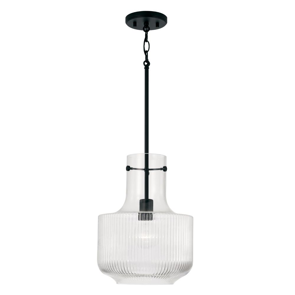 Capital Lighting 345111MB 11" W x 15" H 1-Light Pendant in Matte Black with Clear Fluted Glass