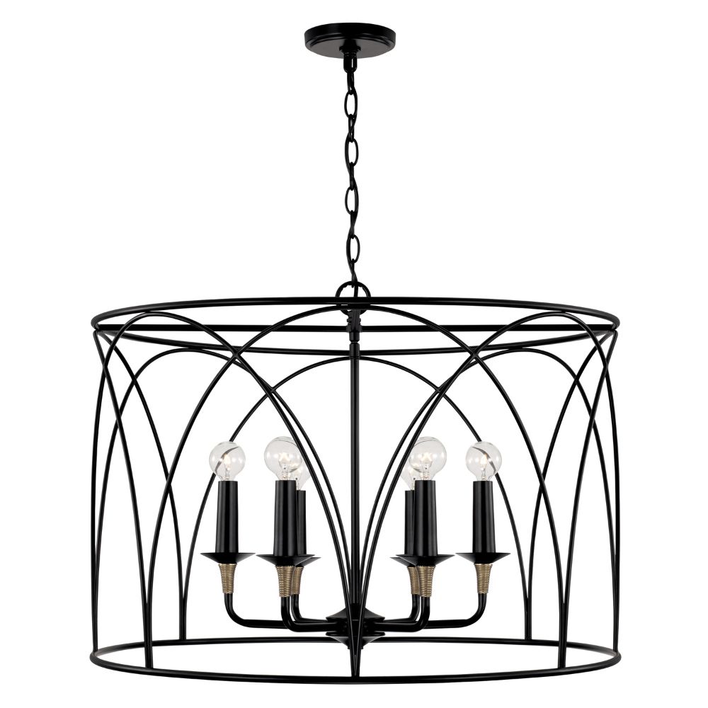 Capital Lighting 345661KB 28" W x 20.5" H 6-Light Drum Pendant in Matte Black with Brass Wrapped Detail