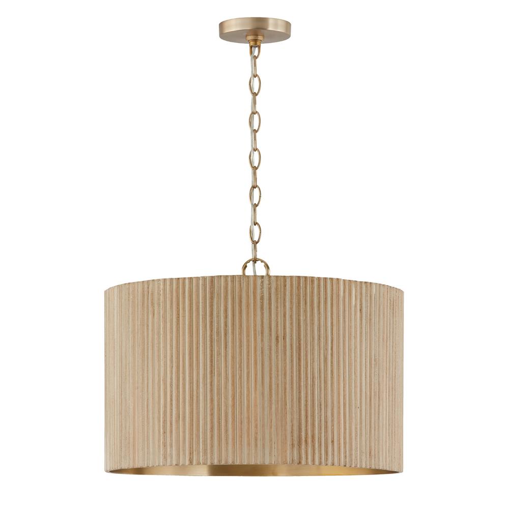 Capital Lighting 350741WS 19.75"W x 14.50"H 3-Light Pendant in Matte Brass and Handcrafted Mango Wood in White Wash