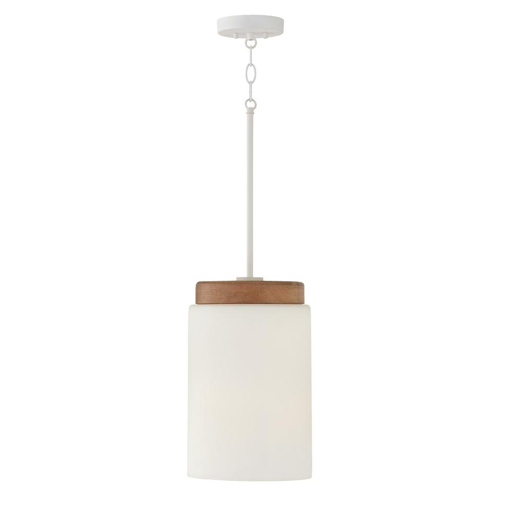 Capital Lighting 350911LT 9.25"W x 14.75"H 1-Light Cylindrical Pendant in White with Mango Wood and Soft White Glass
