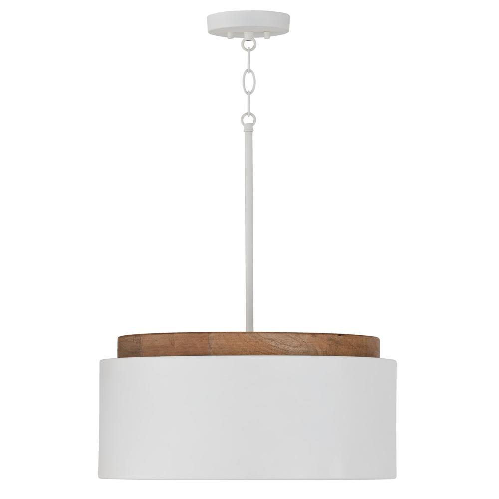 Capital Lighting 350912LT 18"W x 8.75"H 1-Light Drum Pendant in White with Mango Wood and Matte White Metal Shade with Soft White Glass Globe