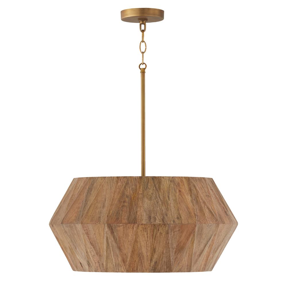 Capital Lighting 351041LW 22"W x 10.75"H 4-Light Pendant in Hand-distressed Patinaed Brass and Handcrafted Mango Wood