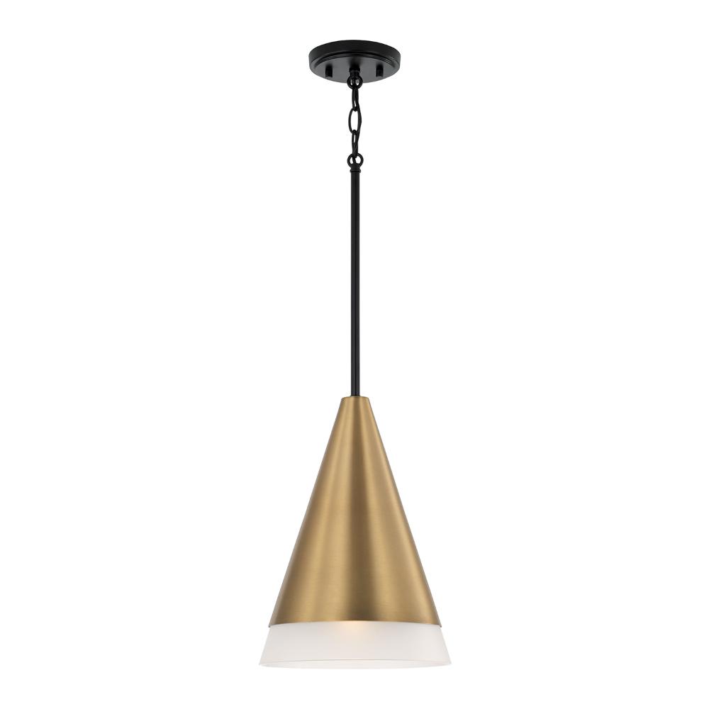 Capital Lighting 351911AB 9.75"W x 13.50"H 1-Light Cone Pendant in Black with Aged Brass and Soft White Glass Shade