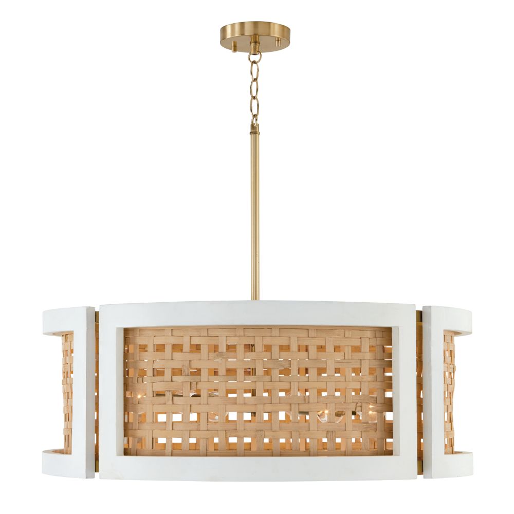 Capital Lighting 444361WM 30" W x 11" H 6-Light Chandelier in Flat White and Matte Brass made with Handcrafted Mango Wood and Rattan