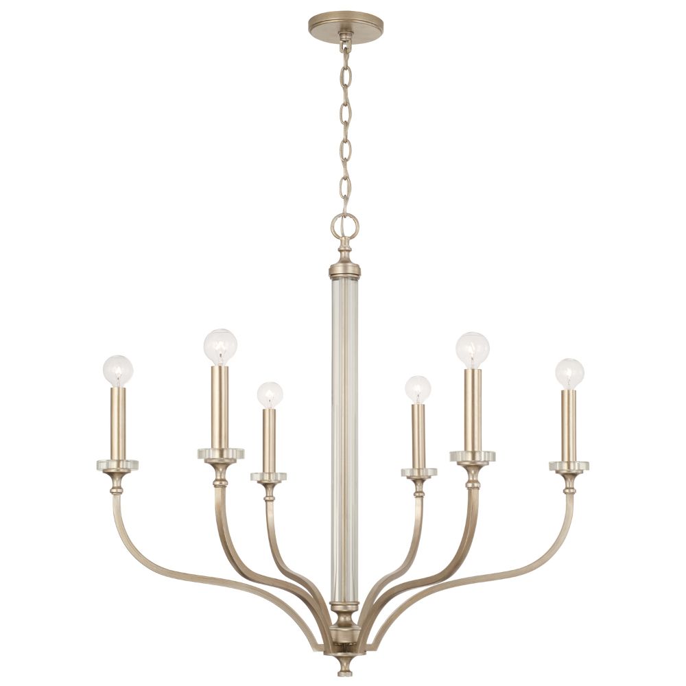 Capital Lighting 444861BS 32" W x 30.5" H 6-Light Medium Chandelier in Brushed Champagne with Acrylic Column and Bobeches