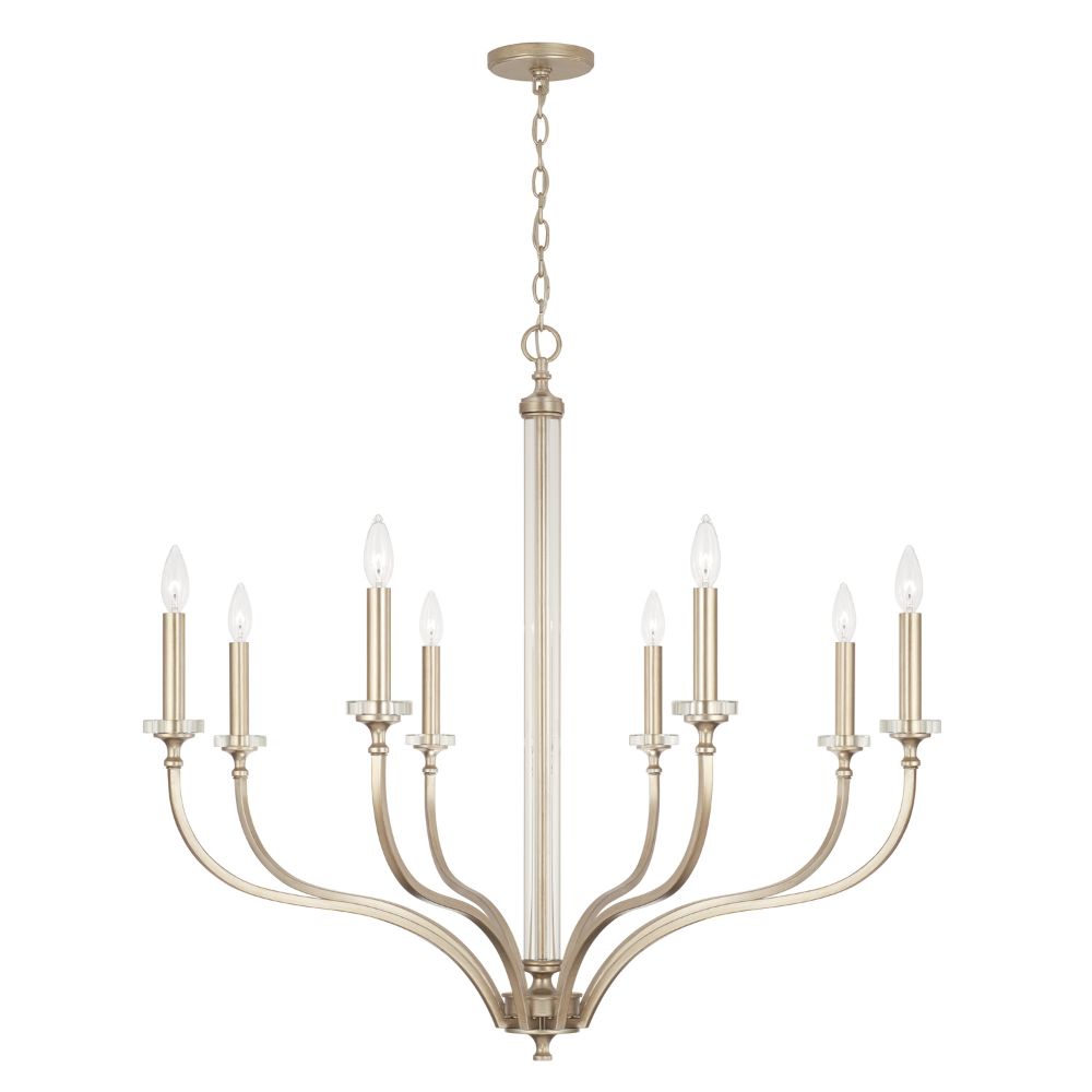 Capital Lighting 444881BS 38" W x 35" H 8-Light Large Chandelier in Brushed Champagne with Acrylic Column and Bobeches