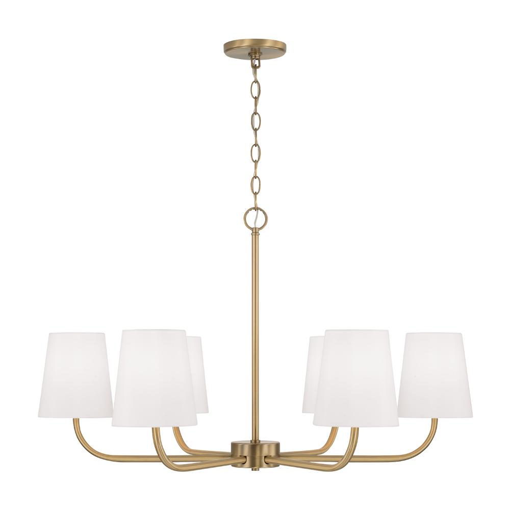 Capital Lighting 449462AD-706 34.50"W x 21"H 6-Light Chandelier in Aged Brass with White Fabric Stay-Straight Shades