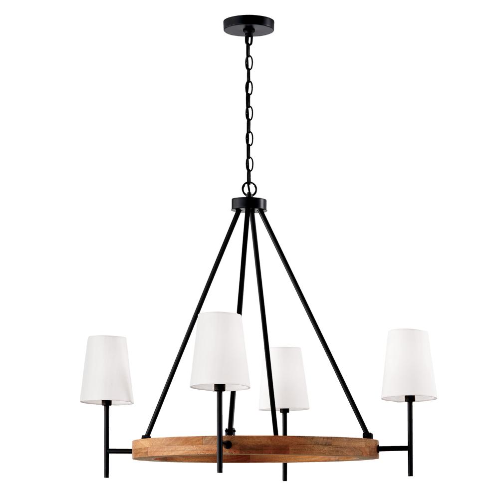 Capital Lighting 450841WK-709 35"W x 29"H 4-Light Chandelier in Matte Black and Mango Wood with Removable White Fabric Shades 