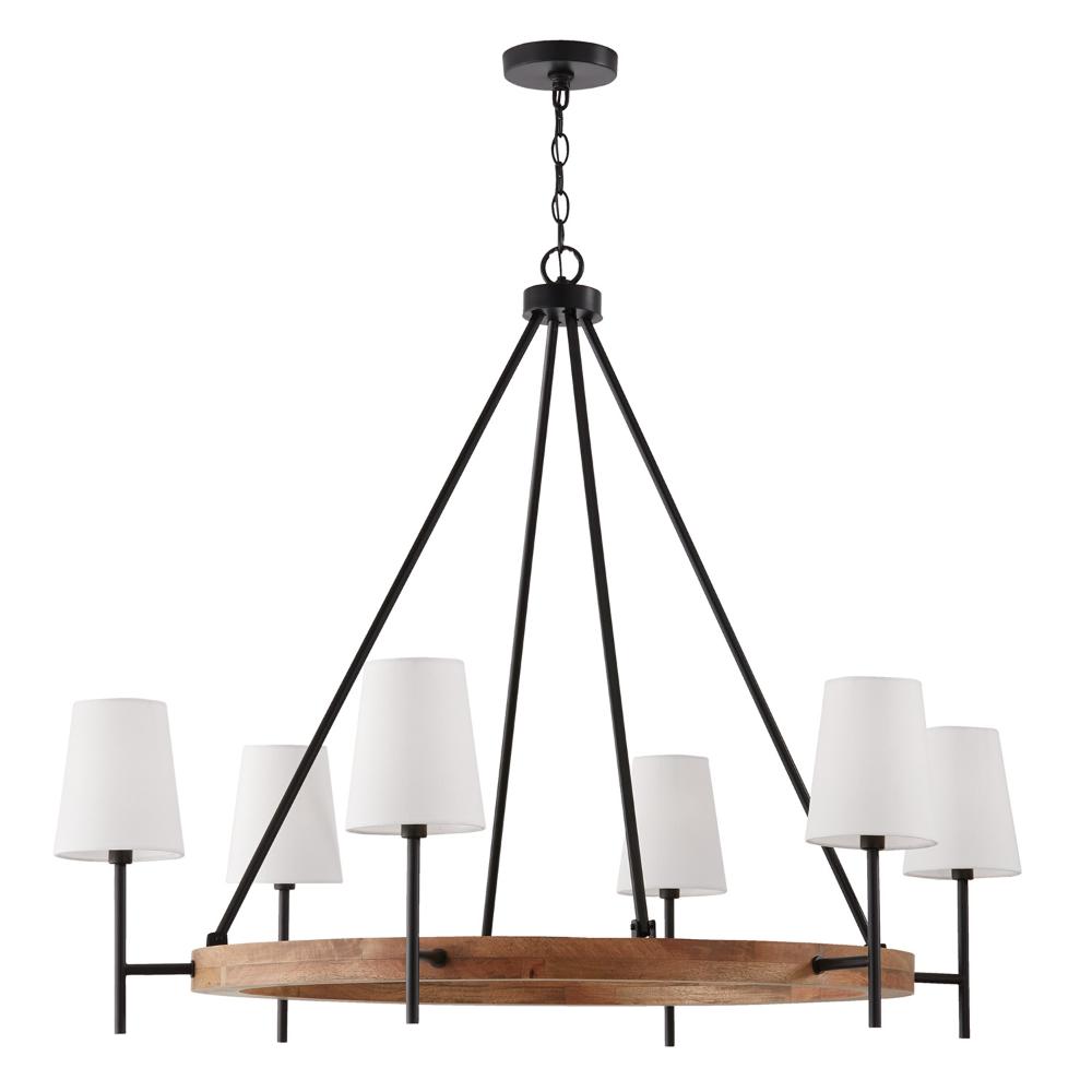 Capital Lighting 450861WK-709 42"W x 35"H 6-Light Chandelier in Matte Black and Mango Wood with Removable White Fabric Shades 