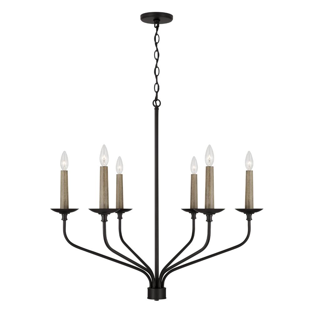 Capital Lighting 451561MB 32"W x 30.50"H 6-Light Chandelier in Matte Black with Interchangeable Faux Wood or Matte Black Candle Sleeves