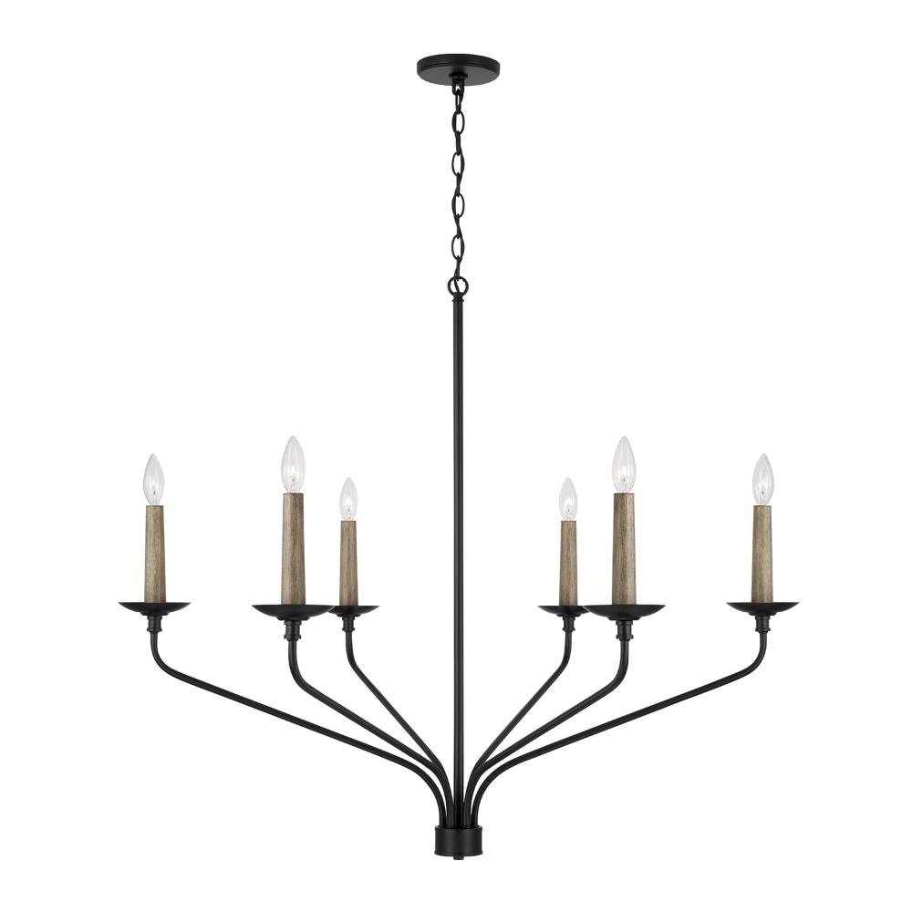 Capital Lighting 451562MB 41"W x 35"H 6-Light Chandelier in Matte Black with Interchangeable Faux Wood or Matte Black Candle Sleeves