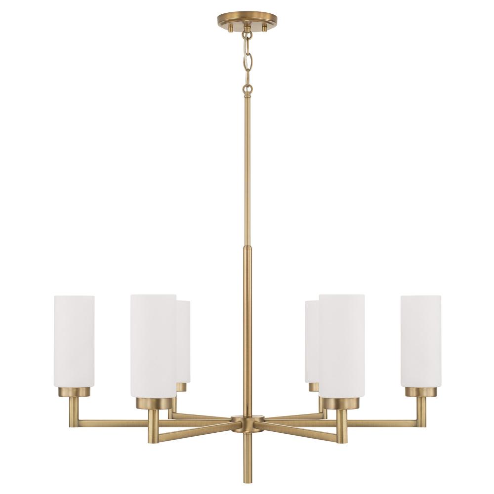 Capital Lighting 451761AD 31"W x 18.25"H 6-Light Cylindrical Chandelier in Aged Brass with Faux Alabaster Glass
