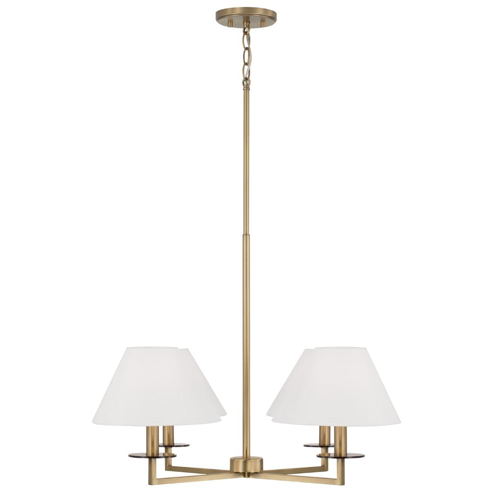 Capital Lighting 452241AD 29.75"W x 19.75"H 4-Light Chandelier in Aged Brass with White Fabric Stay-Straight Shades and Interchangeable Clear or Tortoise Shell Bobeches