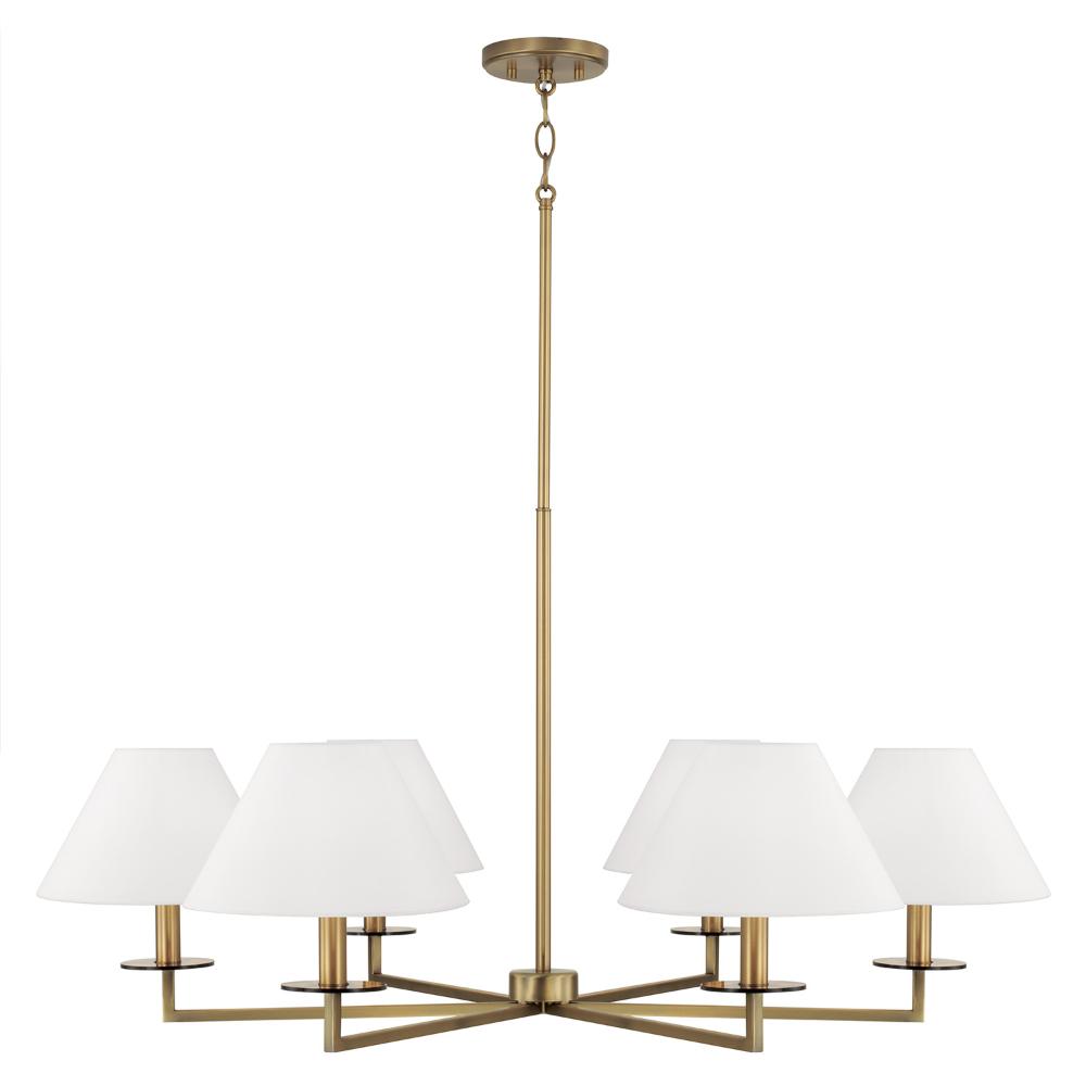 Capital Lighting 452261AD 39.75"W x 19.75"H 6-Light Chandelier in Aged Brass with White Fabric Stay-Straight Shades and Interchangeable Clear or Tortoise Shell Bobeches
