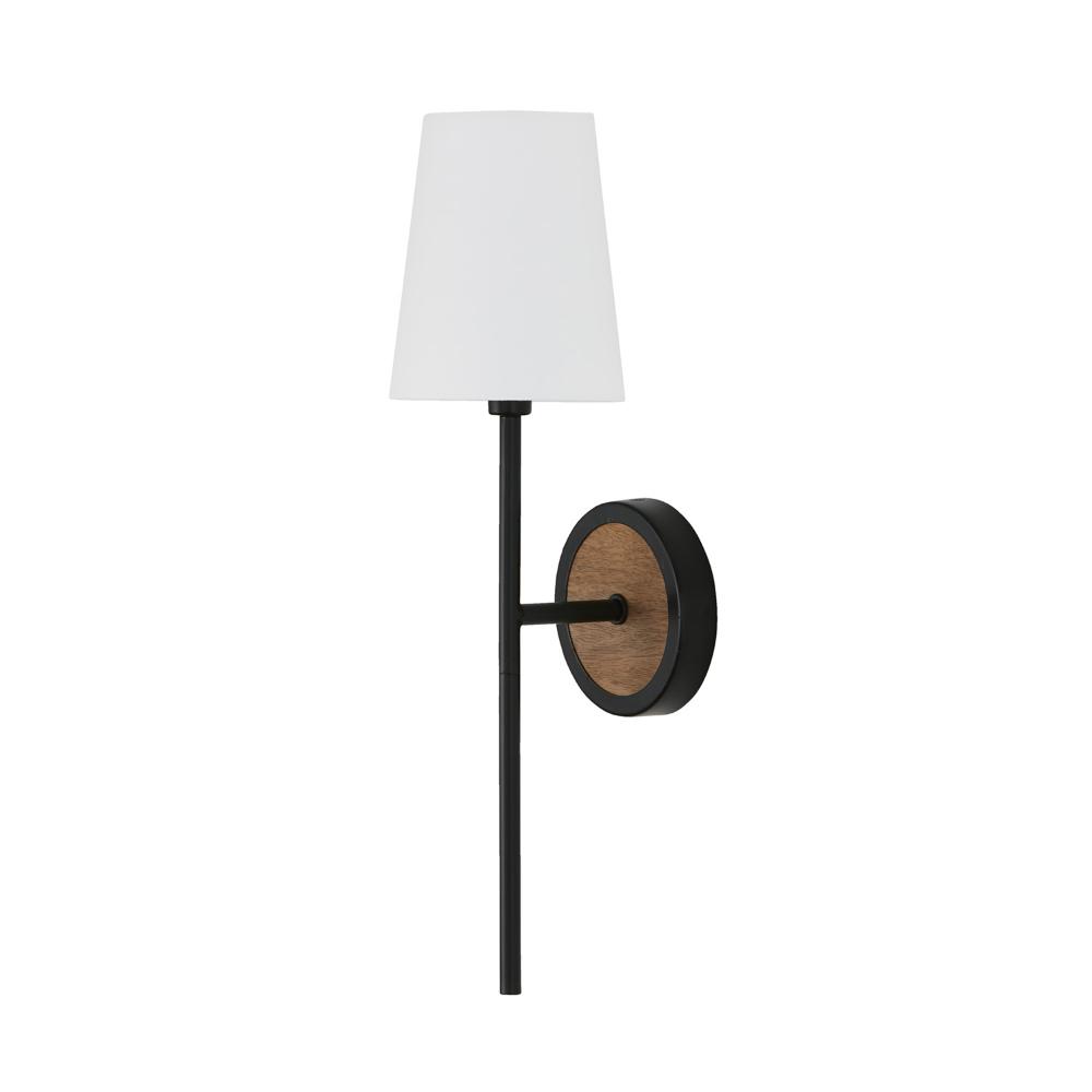 Capital Lighting 650811WK-709 5"W x 20"H 1-Light Sconce in Matte Black and Mango Wood with Removable White Fabric Shade