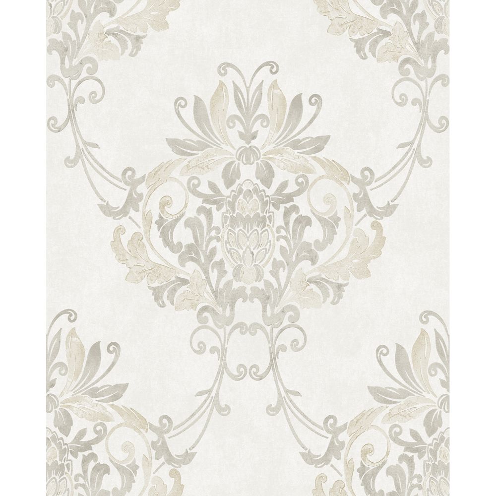 Casa Mia Wallpaper RM30008 Faux Antique Damask Wallpaper In White, Grey, Cream