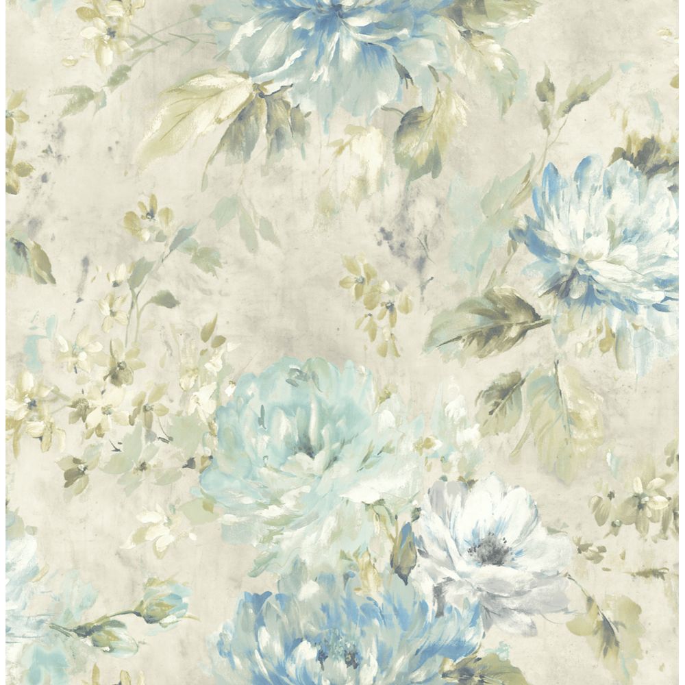 Casa Mia Wallpaper RM50202 Watercolor Flower Wallpaper In Soft Blue, Grey