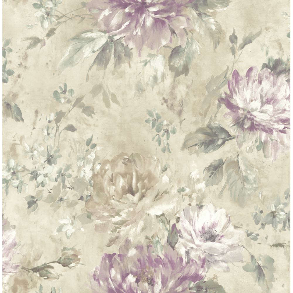 Casa Mia Wallpaper RM50209 Watercolor Flower Wallpaper In Soft Purple, Beige
