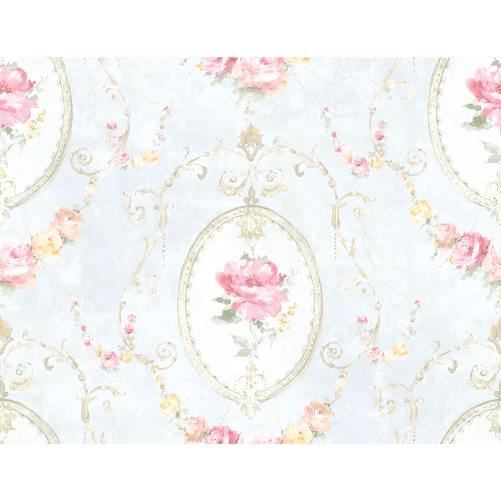 Casa Mia Wallpaper RM50802 Flora Cameo Wallpaper In Soft Blue, White, Pink