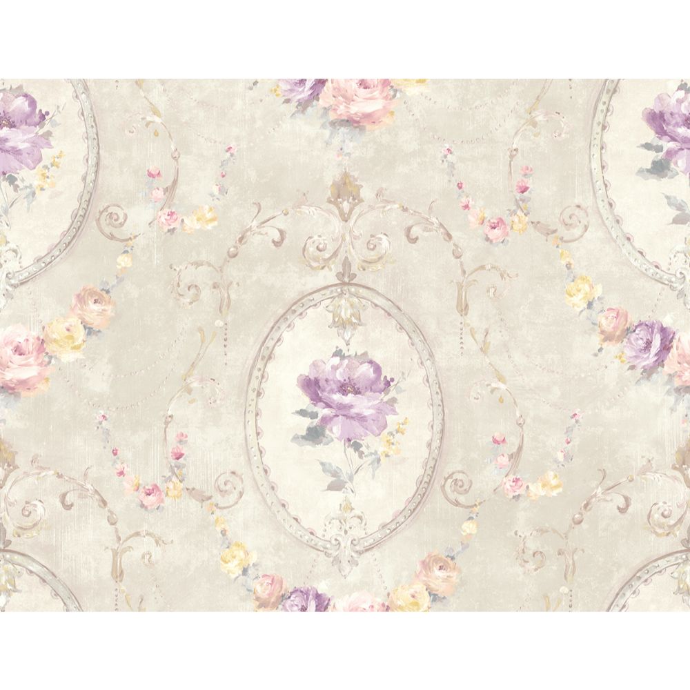 Casa Mia Wallpaper RM50809 Flora Cameo Wallpaper In Soft Grey, Soft Purple