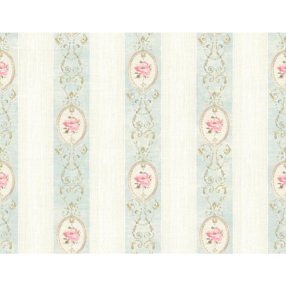Casa Mia Wallpaper RM50902 Floral Stripes Wallpaper In White, Soft Blue