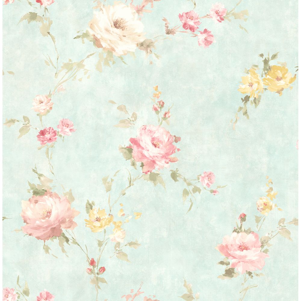 Casa Mia Wallpaper RM51002 English Rose Wallpaper In Soft Blue, Pink