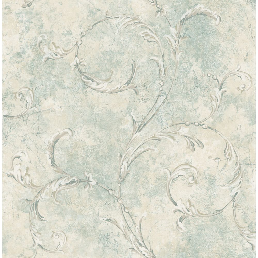 Casa Mia Wallpaper RM60904 Antique Scroll Wallpaper In Soft Blue, Grey