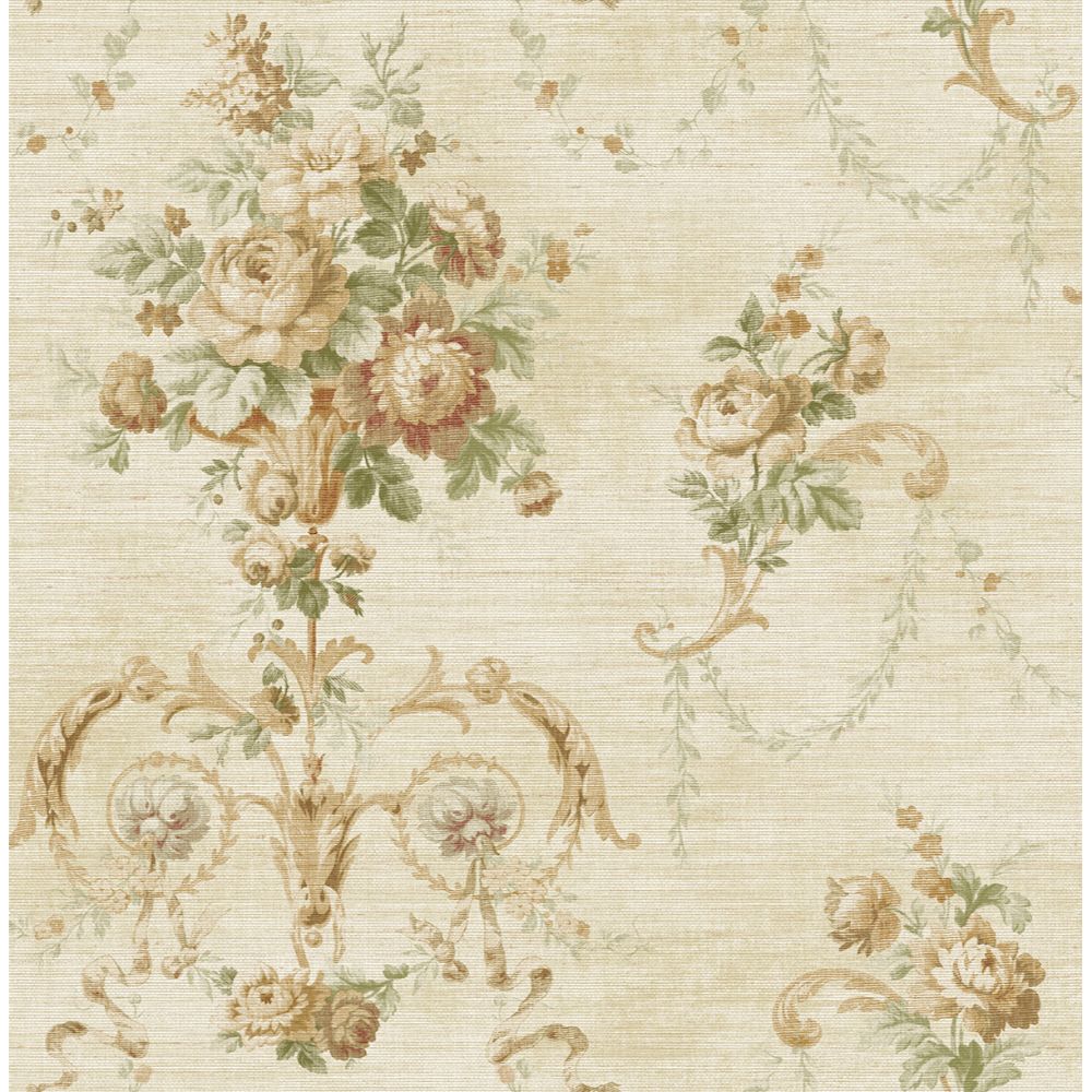 Casa Mia Wallpaper RM61201 English Floral Cameo Wallpaper In Soft Beige, Soft Red