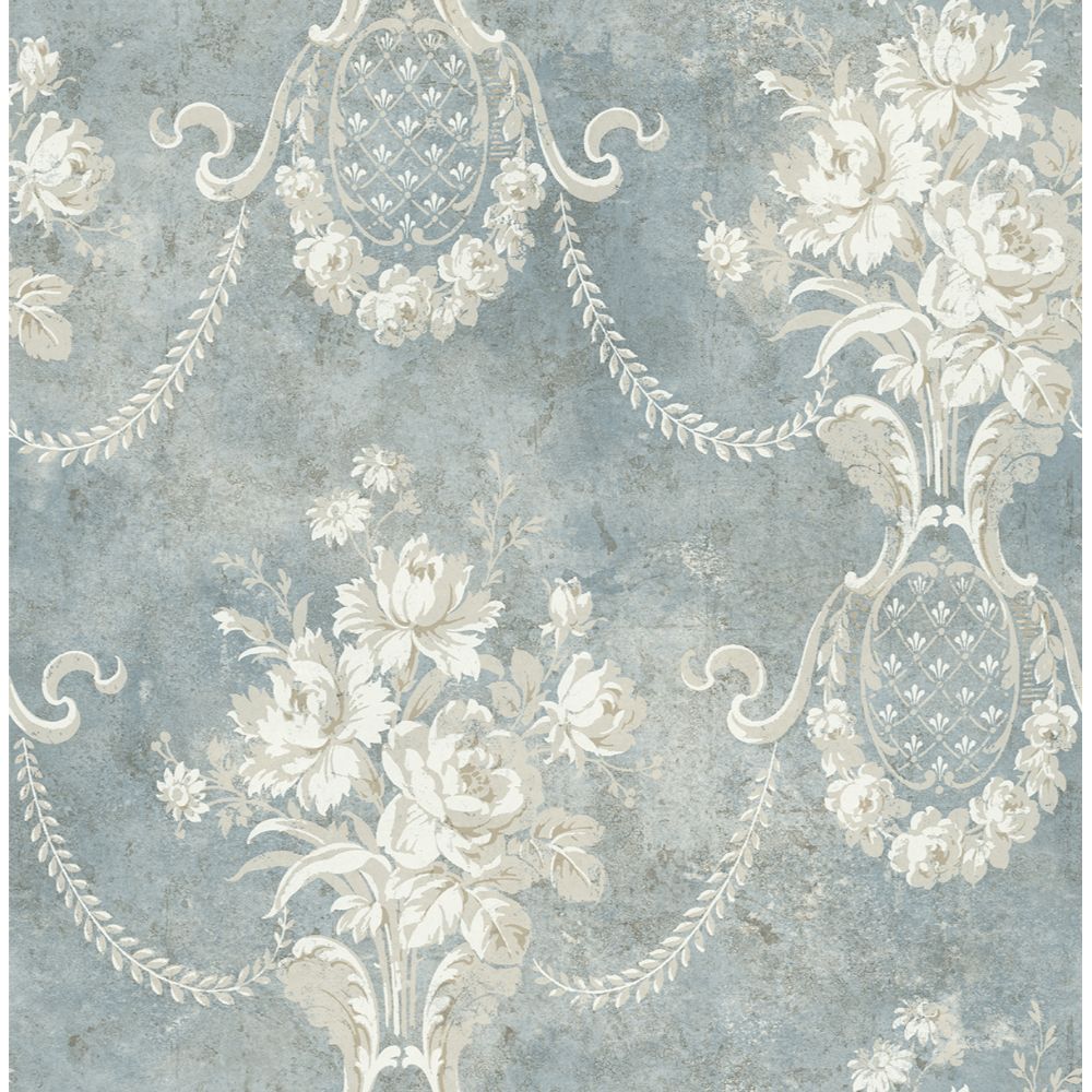 Casa Mia Wallpaper RM61518 Classic Floral Cameo Wallpaper In Soft Blue, Soft Grey, Gold
