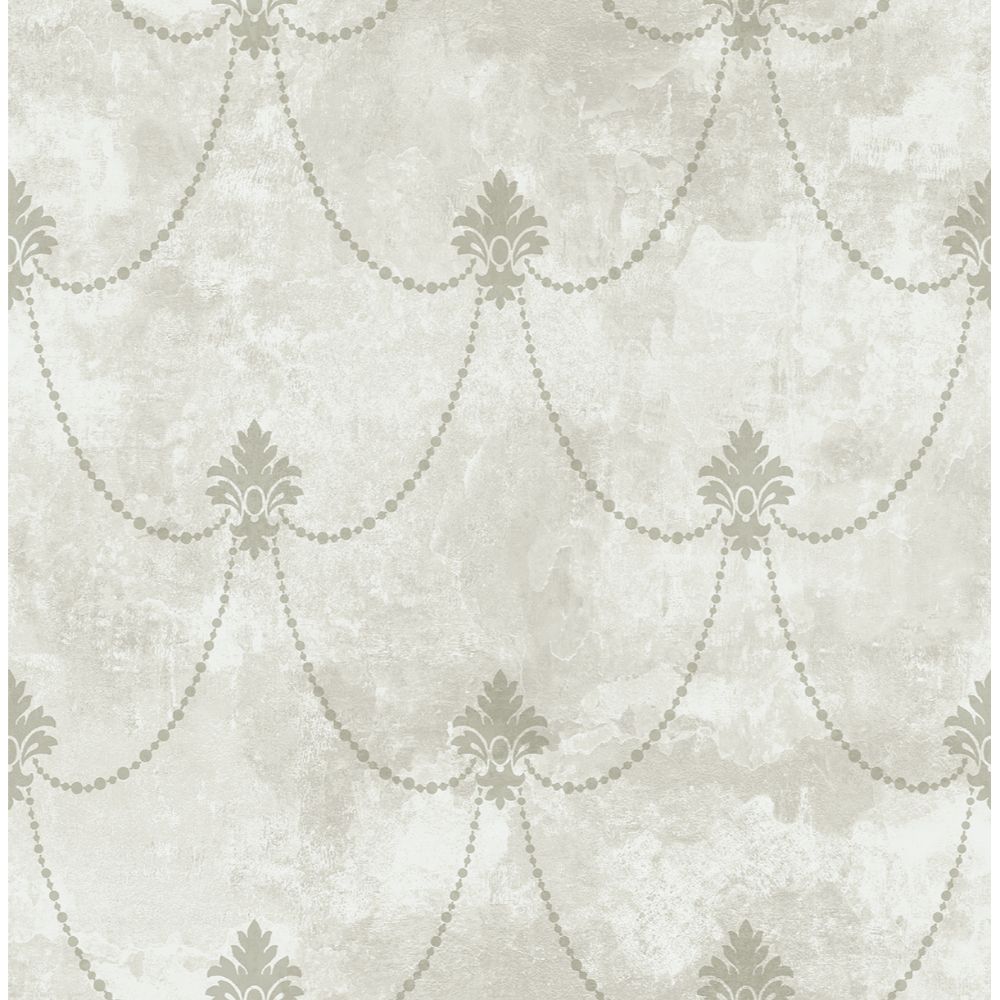 Casa Mia Wallpaper RM61808 Small Damask Scroll Wallpaper In Soft Grey, Silver