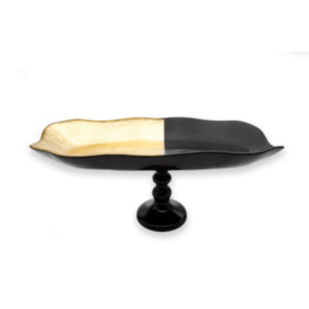 16"L Large Footed Tray Black and Gold Design