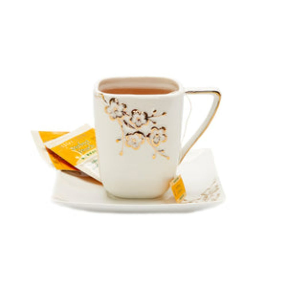 Gold Floral Artwork Design Mug with White Squared Tray