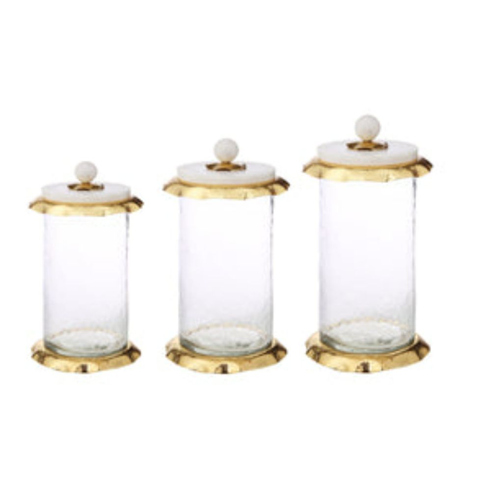 Set of 3 Glass Canisters with Marble and Gold Lid