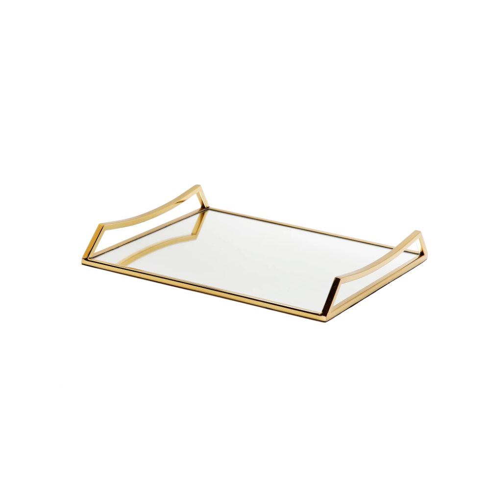 Oblong Mirror Serving Tray with Gold Handles